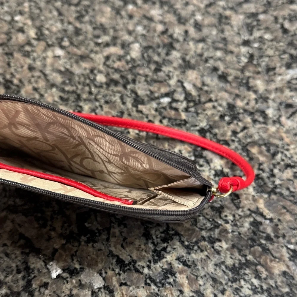 Calvin Klein Logo Wristlet in Brown and Red NWT